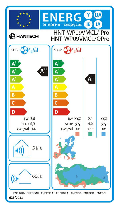 HANTECH 9000 BTU 2,6 kW Split Klimaanlage WLAN R32 Mod. HPRO mit 3m Leitung und Halterung